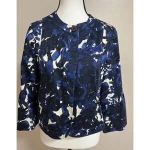Neiman Marcus swing jacket in blue, black and white floral. Size 6